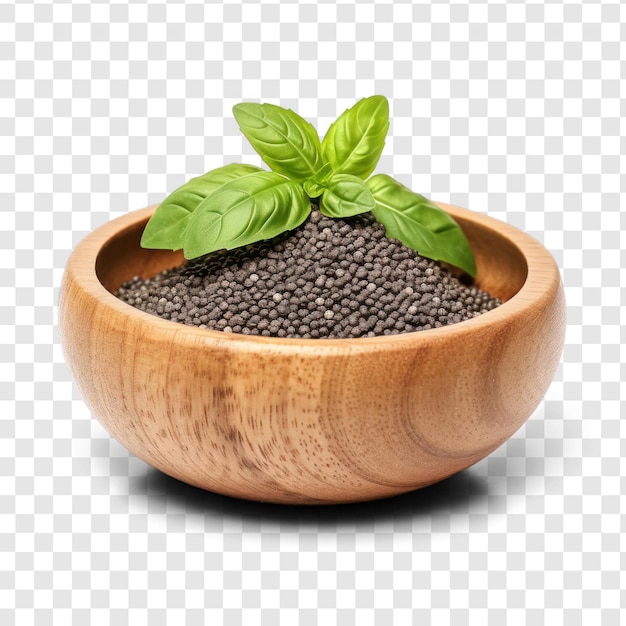 Basil seeds in wooden bowl isolated on transparency background psd