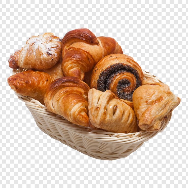 PSD basket of assorted pastries croissants rolls and baked goods