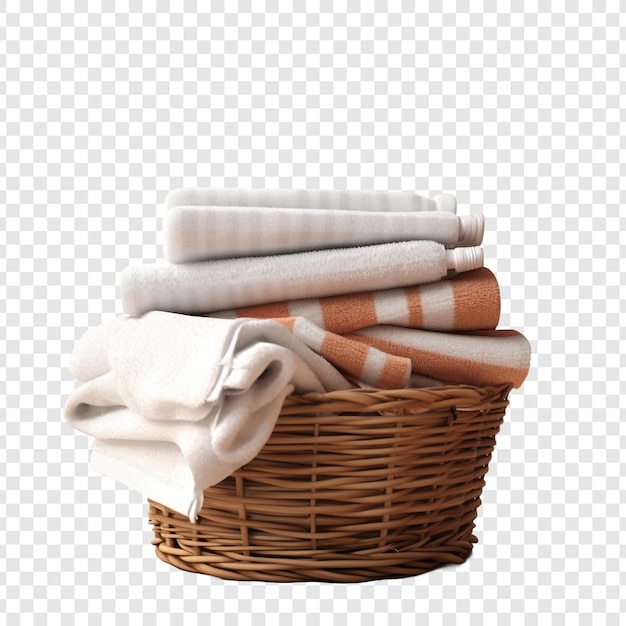 Basket of clean towels on a wooden table isolated on transparent background