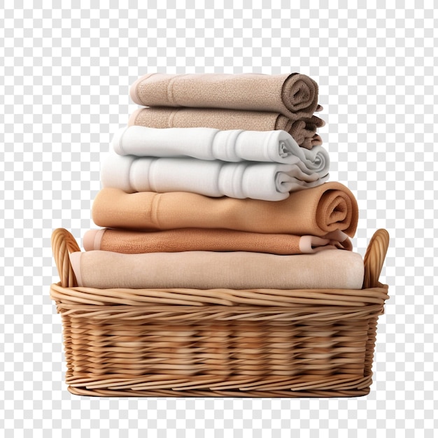 Basket of clean towels on a wooden table isolated on transparent background