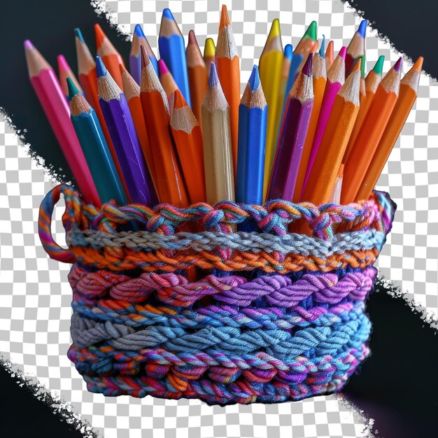 A basket of colored pencils with a black background with a white square