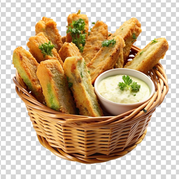 PSD basket of deep fried zucchini sticks with ranch transparent