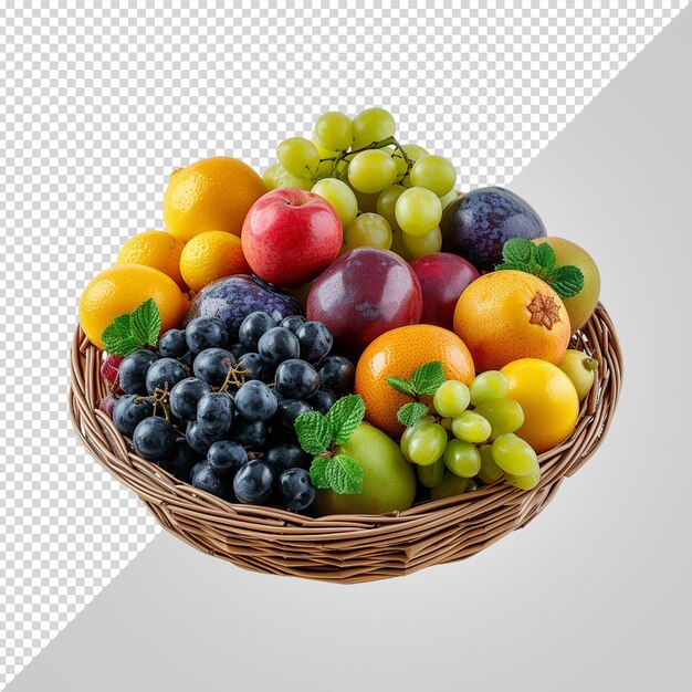 A basket of fruit including a bunch of grapes and a pear