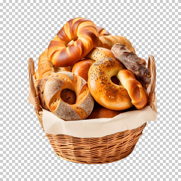 Un cesto pieno di pane isolato su uno sfondo trasparente.