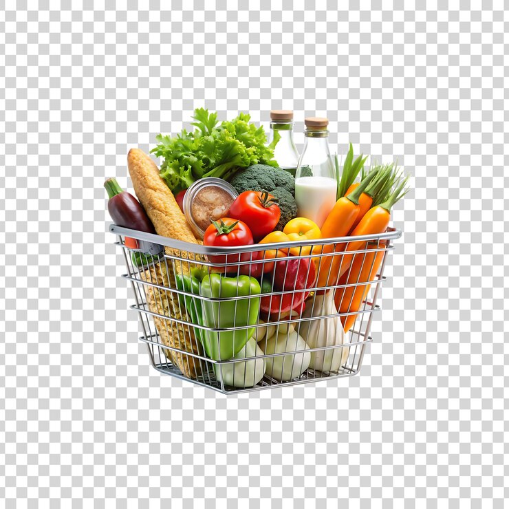 PSD basket full of groceries and vegetables isolated on transparent background