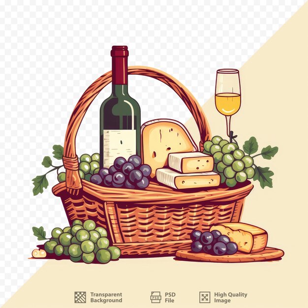 PSD a basket of grapes and a basket of cheese and wine.