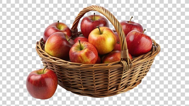 Basket of red and yellow apples with leaves isolated on transparent background