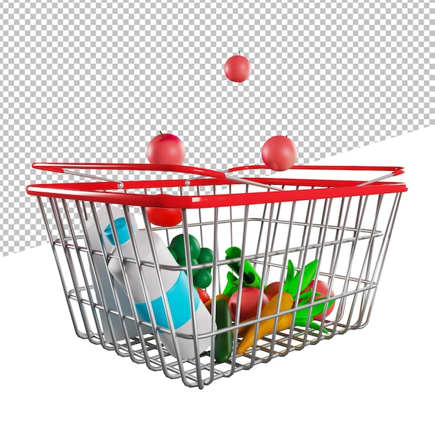 PSD basket or shopping cart on a transparent background with vegetables, 3d rendering illustration