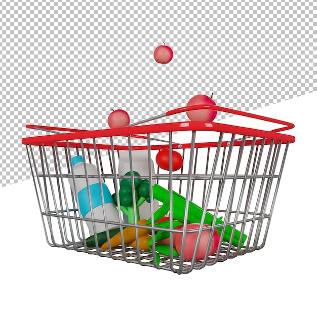 Basket or shopping cart on a transparent background with vegetables, 3D rendering illustration