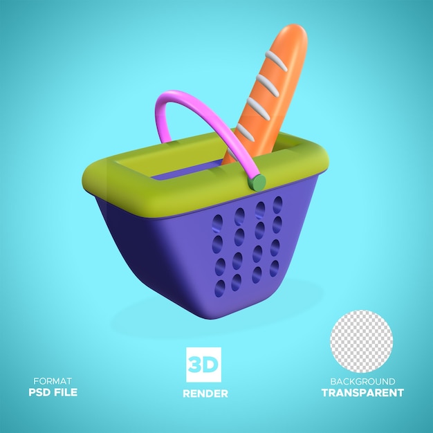PSD cestino con pane per la progettazione dell'illustrazione icona di rendering 3d oggetto isolato