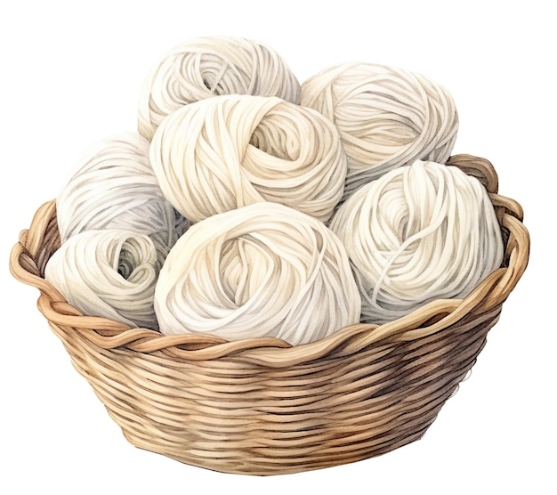 編み物の羊毛の水彩のイラストのバスケット