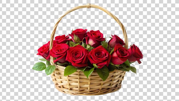 PSD basket with red roses isolated on a transparent background