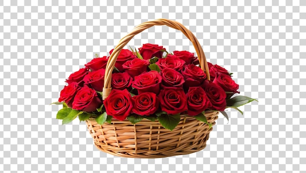 PSD basket with red roses isolated on a transparent background
