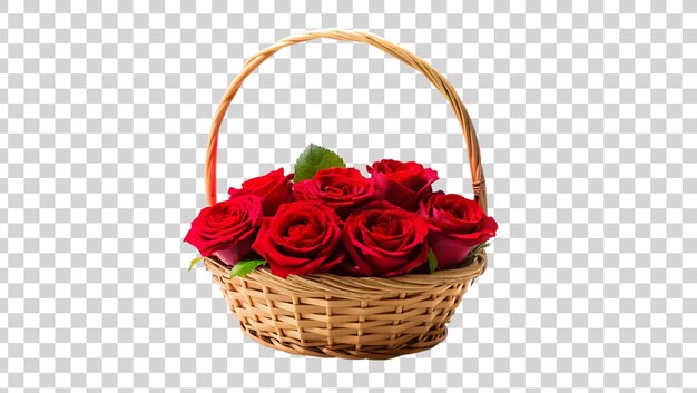 PSD basket with red roses isolated on a transparent background