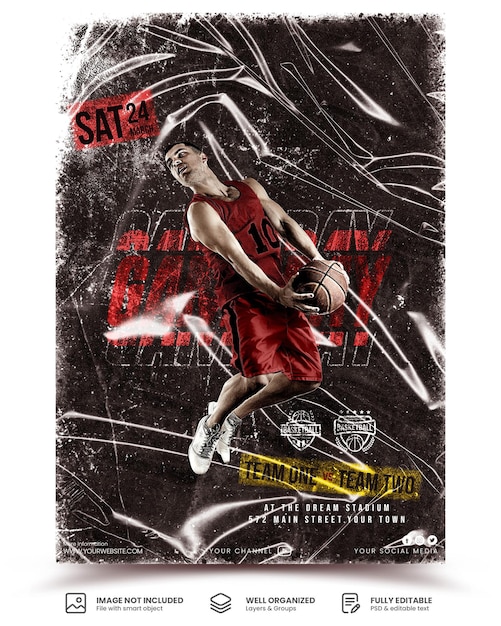 PSD basketbal poster a4-sjabloon met grunge-stijl