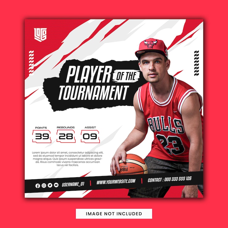 PSD バスケットボール選手の赤いチラシソーシャルメディア投稿テンプレート
