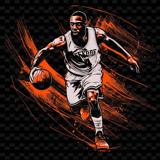 PSD Баскетболист дриблирует мяч с интенсивной позой и c иллюстрация flat 2d sport backgroundo