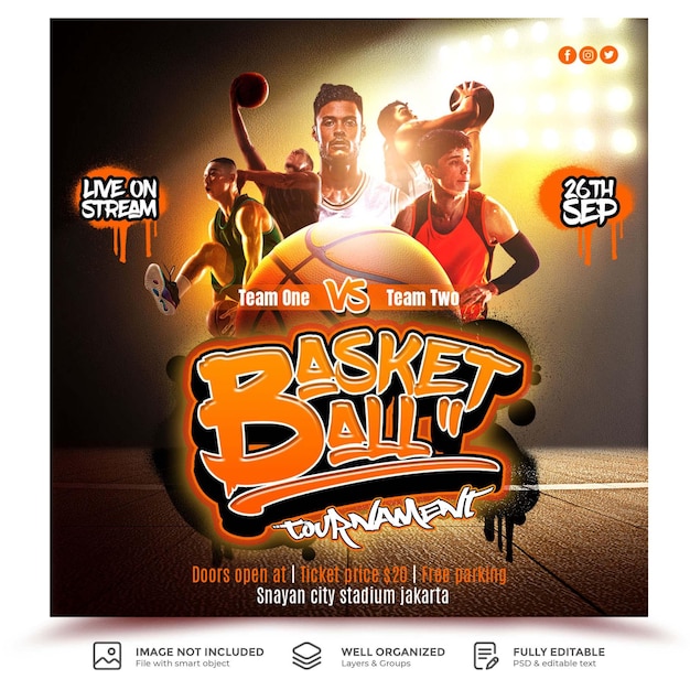PSD basketball tournament social media post or banner template