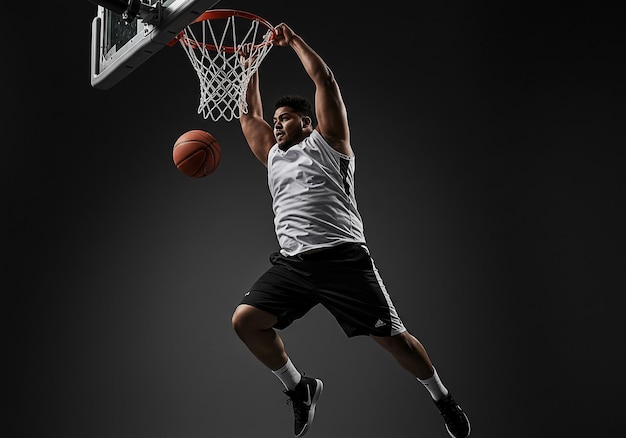 Basketbalspeler in de lucht die de bal dunkt