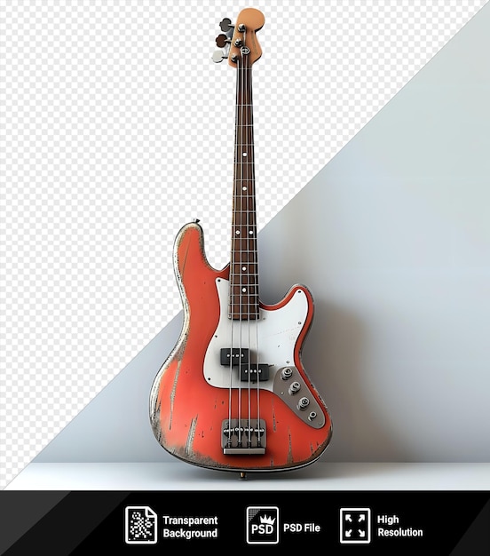 Bass guitar on a shelf against a white wall with a white shadow in the background png psd