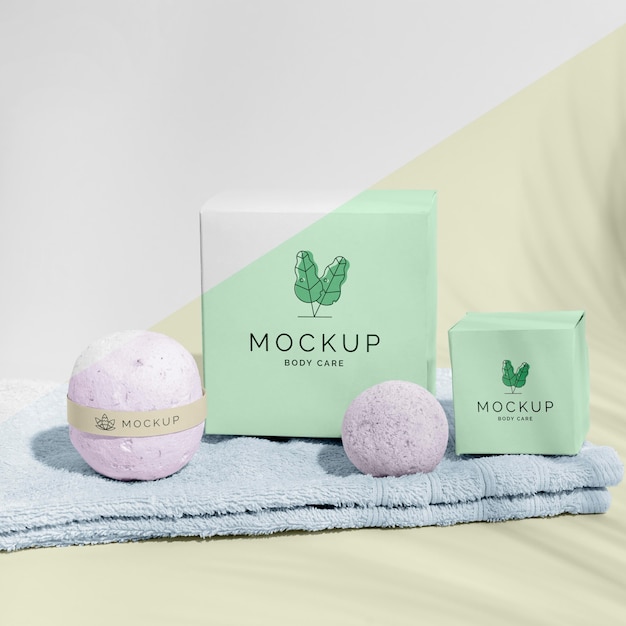 Bath bombs and boxes on towel