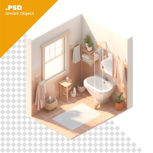 Интерьер ванной комнаты в изометрической проекции, 3d-рендеринг psd шаблона