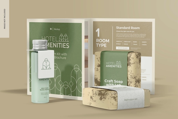 Bathroom kit with tri fold brochure mockup