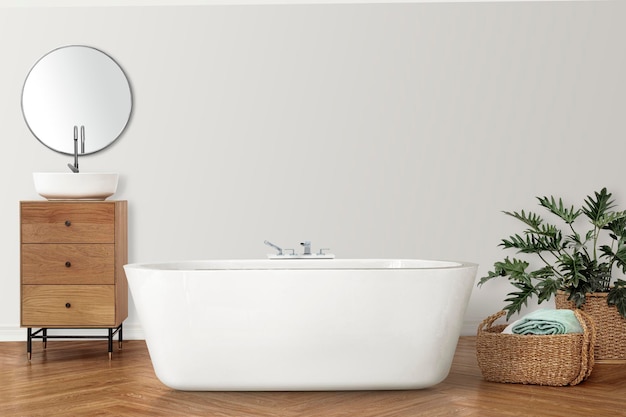 Bathroom wall mockup psd with luxury bathtub