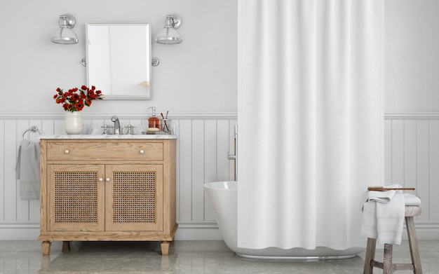 bathtub with curtain and sink on cupboard