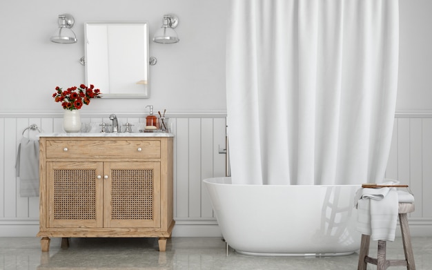 bathtub with curtain and sink on cupboard