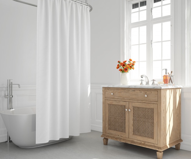 bathtub with curtain and sink on cupboard