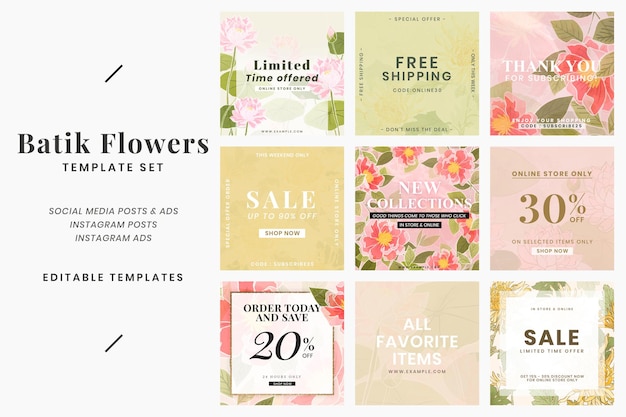 PSD batik flower editable sale template set for social media post psd