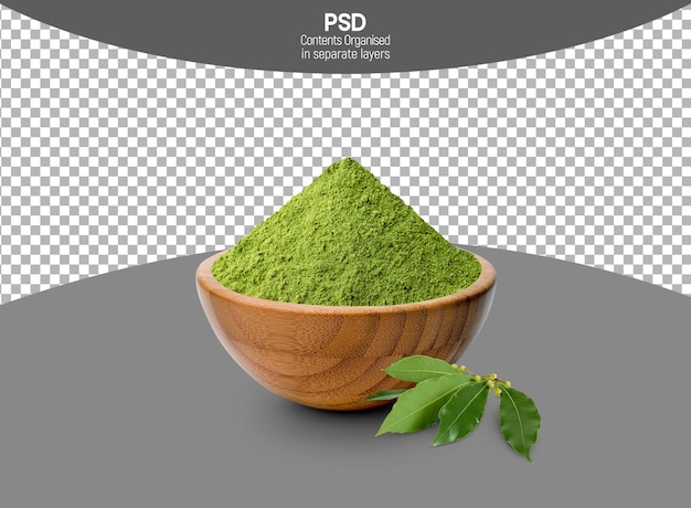 Bay Leaf Powder in Wooden Bowl isolated on Transparent background
