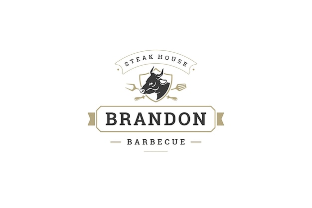 BBQ steak cafe vintage logo design template cow head in heraldic shield with crossed cutlery