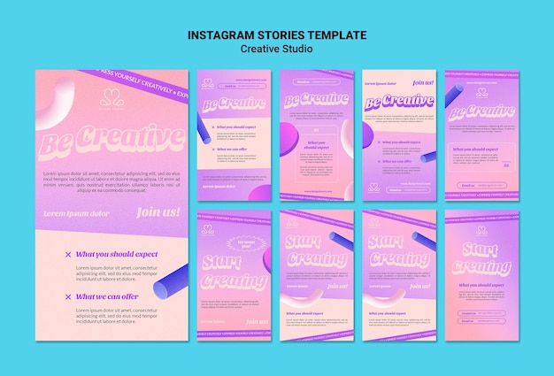 Be creative design studio instagram stories collection with 3d shapes