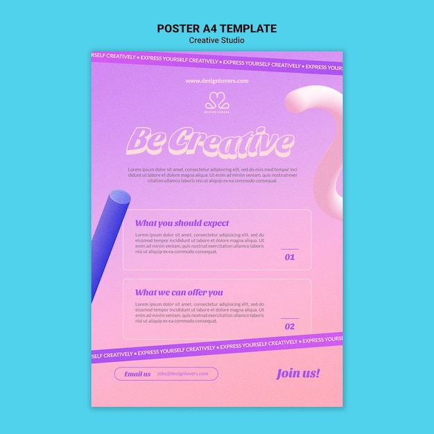 Be creative design studio vertical poster template with 3d shapes