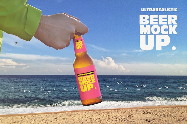 PSD beach background beer mockup