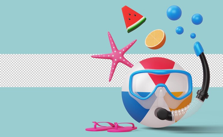 PSD beach ball wearing scuba diving mask with starfish, watermelon and orange, summer season, summer 3d rendering
