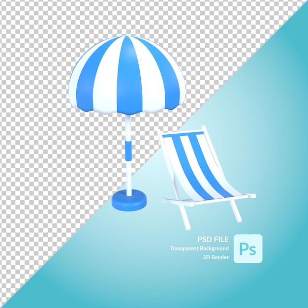 Beach chair with umbrella 3d illustration rendering