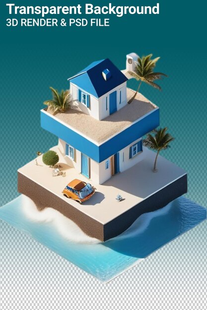 PSD a beach house with a car parked on the beach