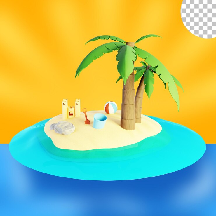 PSD beach island with coconut tree in summer time