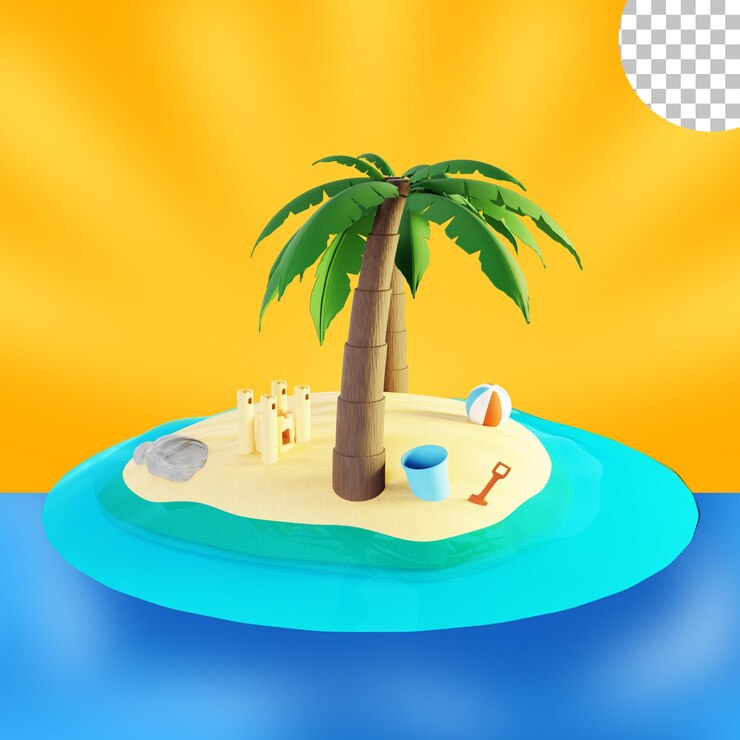 PSD beach island with coconut tree in summer time