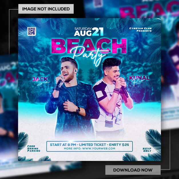 PSD beach party flyer or social media banner template