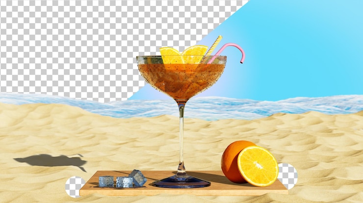 PSD カクテルとビーチパーティーカクテルグラスで覆われたドロップオレンジスライスとアイスキューブトロピカルビーチ