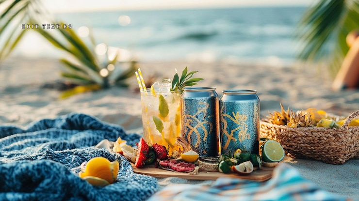 PSD 爽やかな飲み物と果物でビーチピクニック