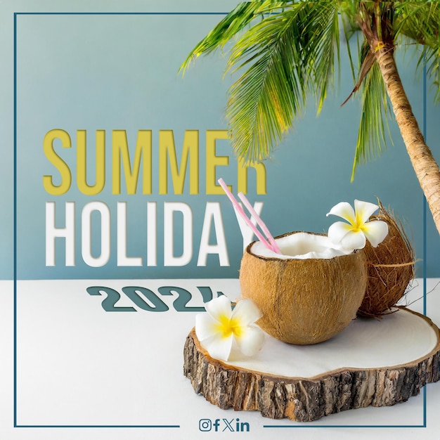 PSD beach poster template with coconut tree and editable text