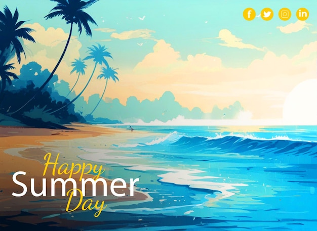 PSD a beach scene with a palm tree in the foreground ocean and sun and the word happy summer day