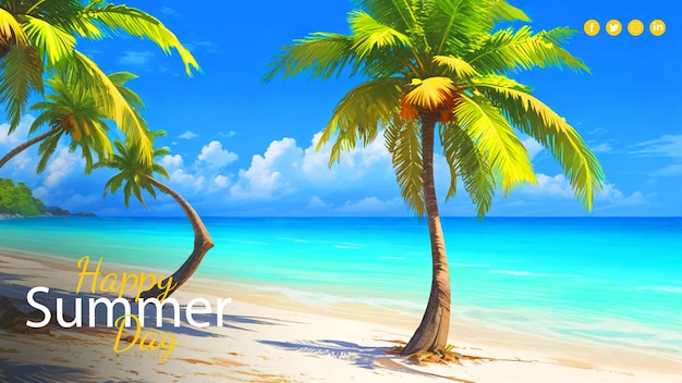 PSD a beach scene with a palm tree in the foreground ocean and sun and the word happy summer day