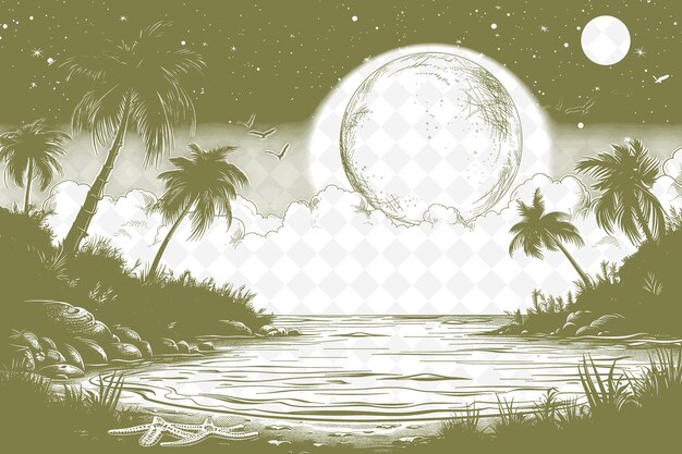 PSD a beach scene with palm trees and a full moon in the background