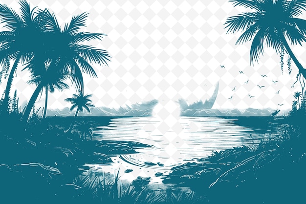 PSD a beach scene with palm trees and a ship in the background